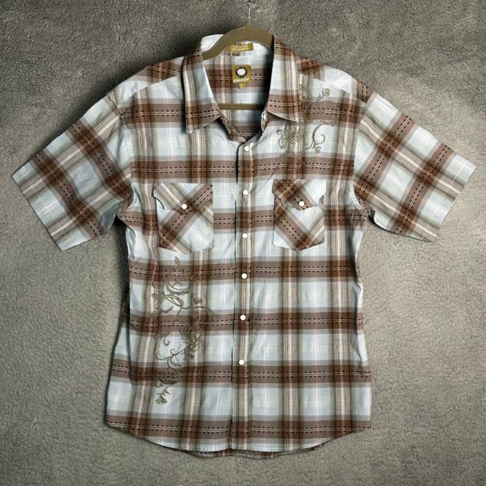 Lamasini Men's Large Plaid Western Shirt Pearl Snaps Embroidery Short Sleeves